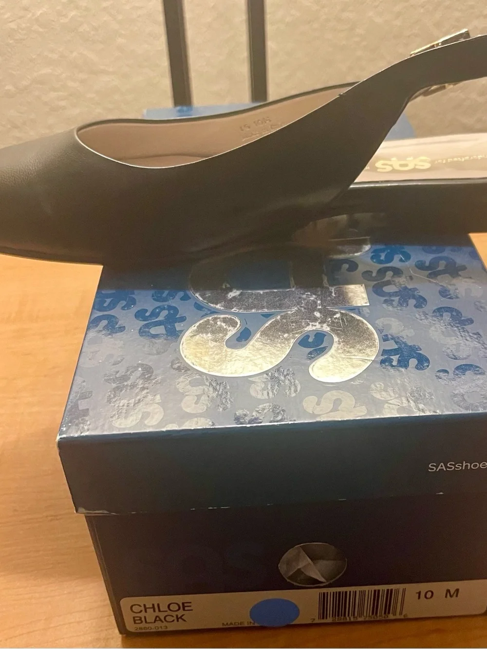 SAS Black Slingback Flat with Gold Buckle (New)
